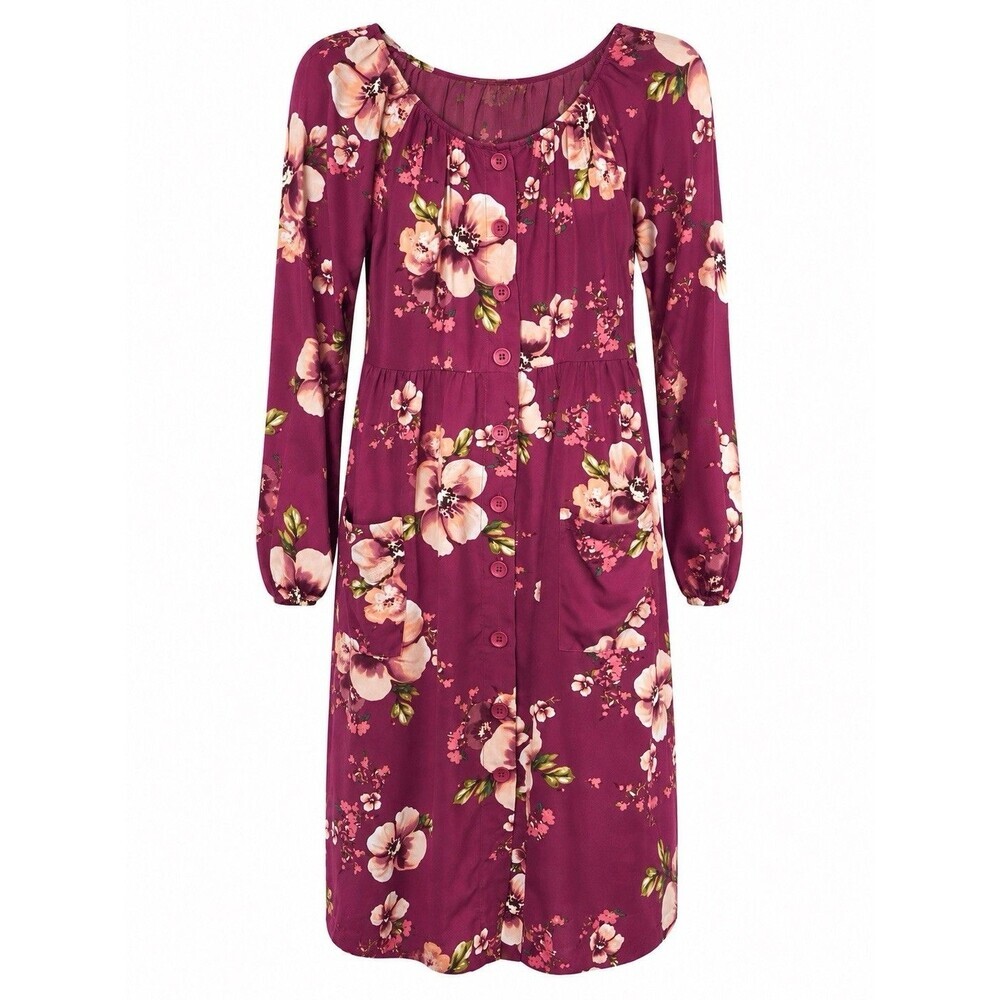 ODDI Women’s Floral Babydoll Dress Purple Long Sleeve Button Front Boho Size M